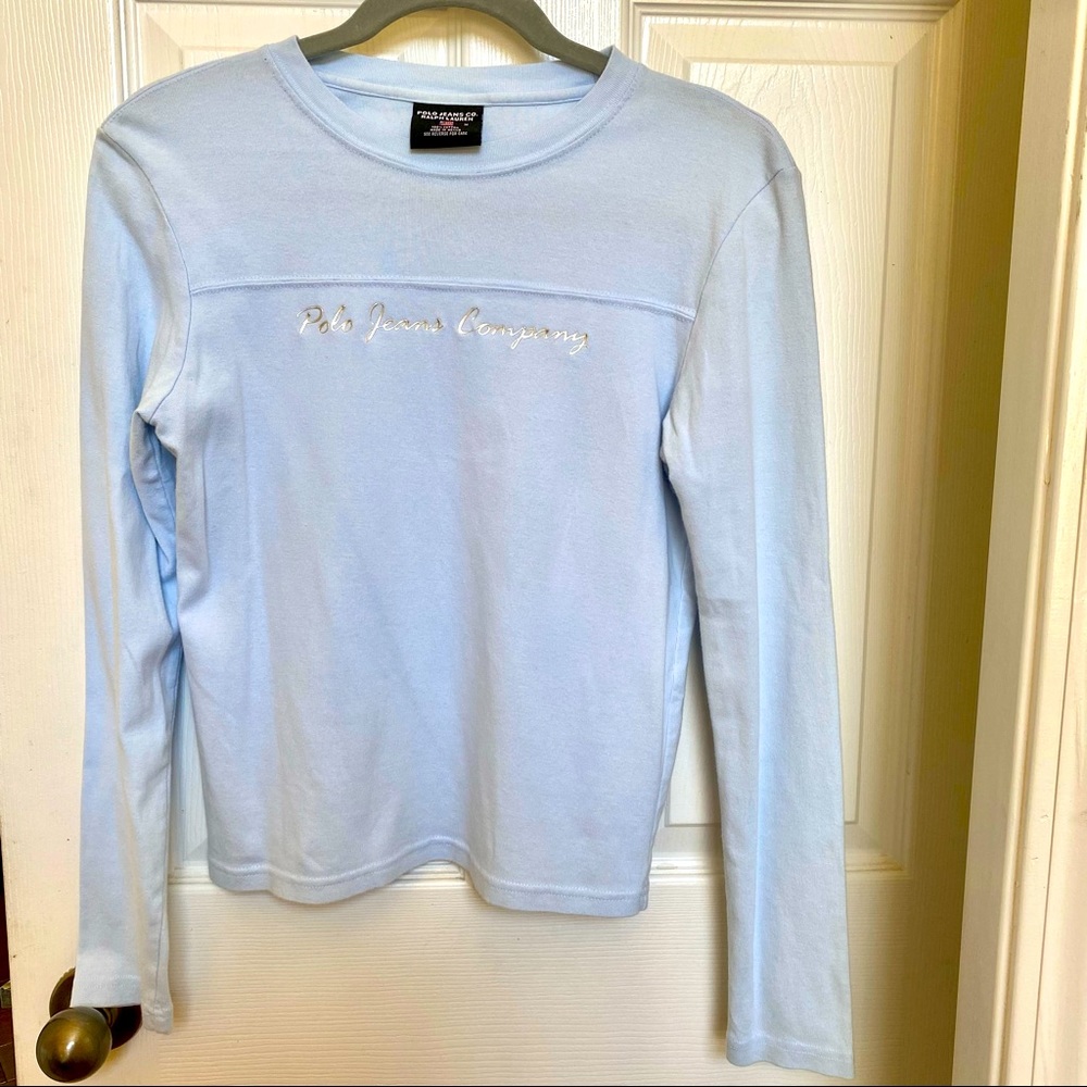 Polo Jeans Co Ralph Lauren Women's blue long-sleeved embellished T-shirt Size M - Picture 2 of 8